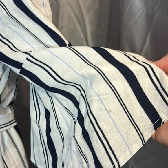 FLAMINGO Blue & White Striped Midi 3/4 Bell Slv, Slip on Dress & slip Sz.M - Picture 12 of 13